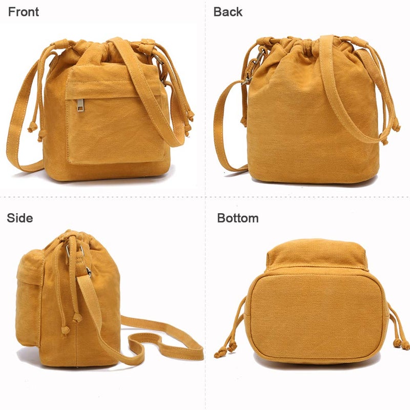 Barsine Women Small Canvas Purse Crossbody Bag Ladies Cute Little Drawstring Bucket Boho Purses, Black - Image 5